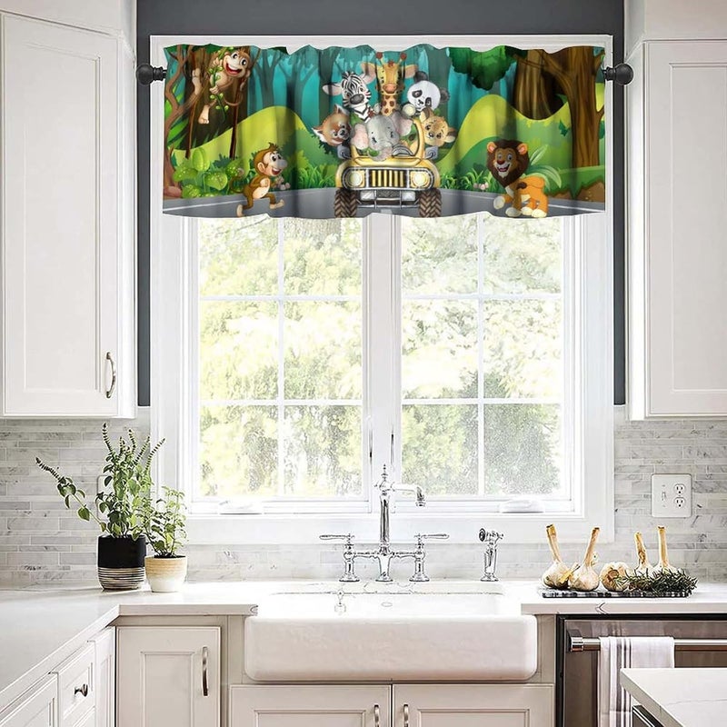JanJCurt Kids Safari Animals Valance, Tropical Jungle Safari Adventure African Animals Lion Elephant Monkey Blackout Short Window Drape Curtain for Baby Boy Nursery Children Bedroom, 54x18inch - Image 3